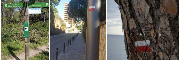 Wegemarkierungen des Gr 92 auf Bäumen, Schildern und Laternen